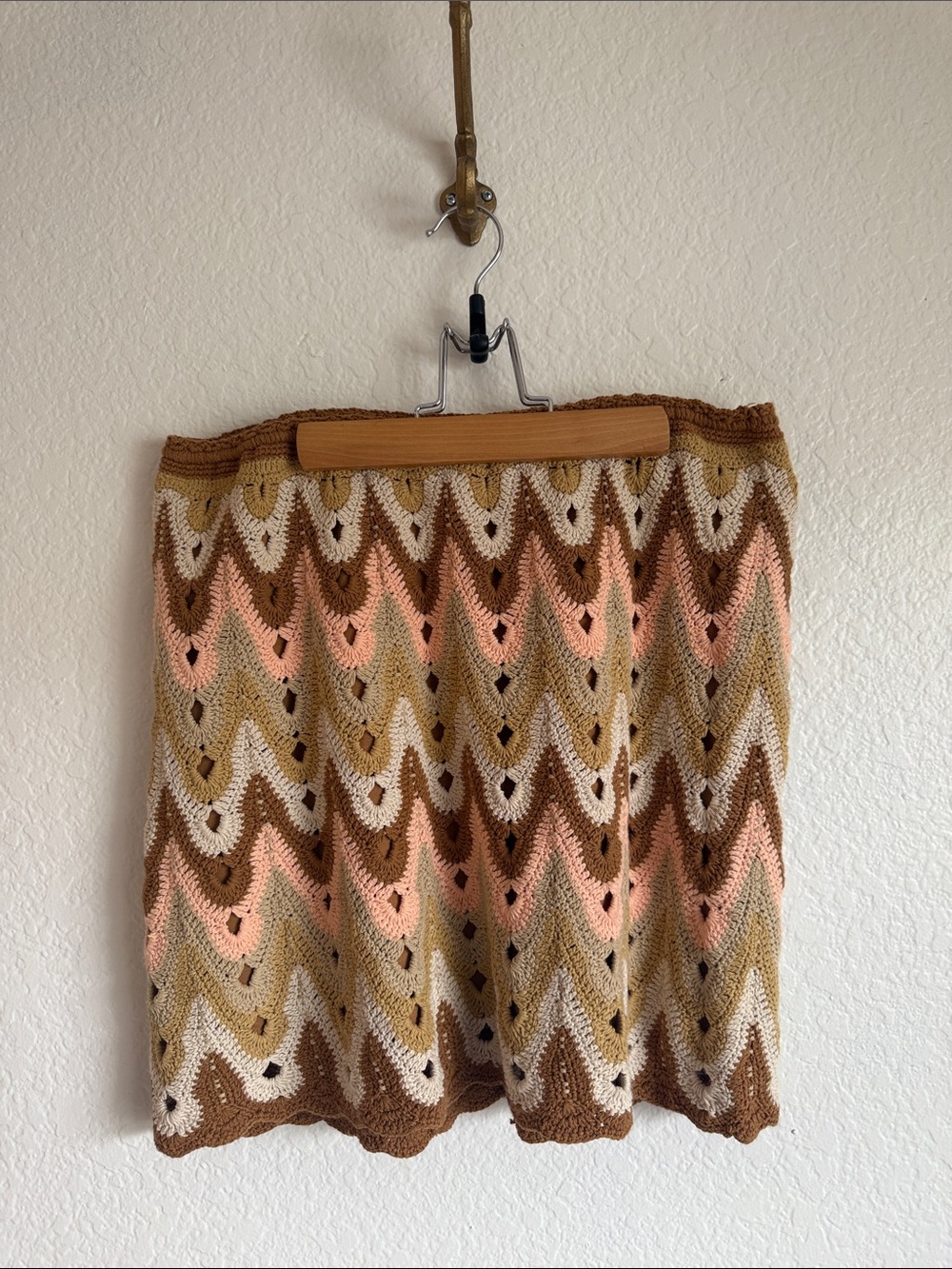 Free People Heat of the Moment Crochet Chevron Mini Skirt in Beige, Brown & Pink